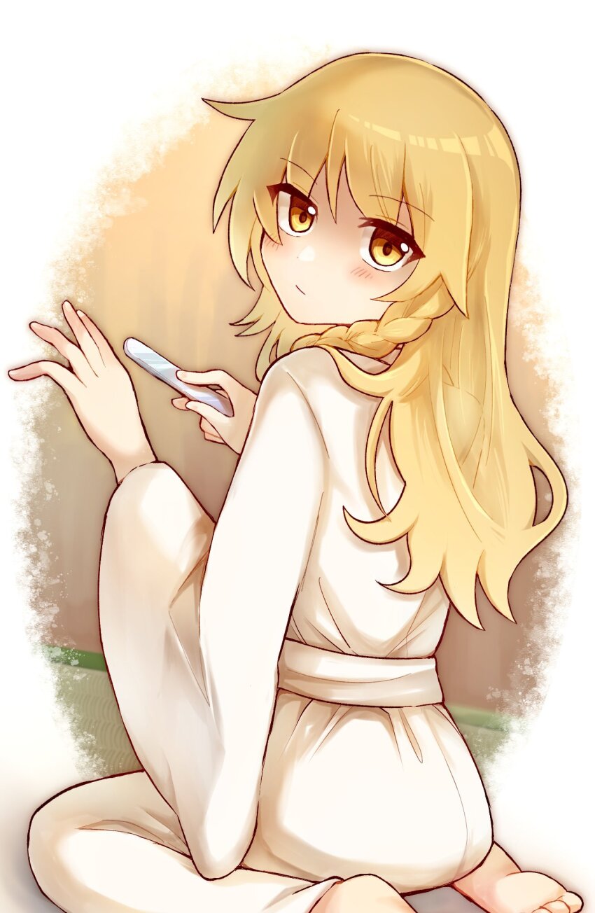 1girl alternate_costume applying_manicure barefoot blonde_hair blush braid closed_mouth commentary_request highres japanese_clothes kimono kirisame_marisa long_sleeves looking_at_viewer mochi547 nail_file no_headwear seiza side_braid single_braid sitting solo toes touhou white_kimono wide_sleeves yellow_eyes