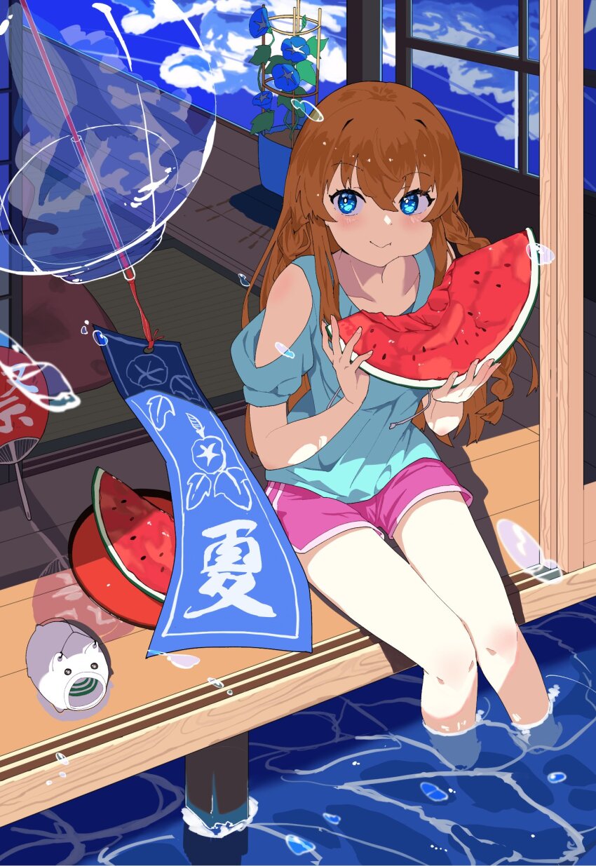 1girl architecture blue_eyes blue_shirt blush braid cheek_bulge clothing_cutout collarbone dot_nose drawstring east_asian_architecture eating flower food fruit gym_shorts hand_fan highres holding holding_food idolmaster idolmaster_million_live! idolmaster_million_live!_theater_days kanji_connection kayari_buta kousaka_umi light_brown_hair long_hair looking_at_viewer marine_day merukuma mosquito_coil name_connection paper_fan pink_shorts plant potted_plant shirt short_shorts shorts shoulder_cutout sitting smile soaking_feet solo tanzaku tatami twin_braids uchiwa water water_drop watermelon watermelon_slice wind_chime window