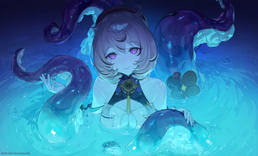 1girl absurdres bare_shoulders black_hat blonde_hair breasts chainsaw_man cleavage_cutout clothing_cutout collarbone commentary commentary_request english_commentary fingernails guest_art hand_up hat highres i&#039;ll_teach_you_everything_(chainsaw_man) large_breasts looking_at_viewer medium_hair mixed-language_commentary mole mole_under_mouth monoco55 monster_girl nail_polish parted_lips partial_commentary partially_submerged purple_eyes purple_nails ringed_eyes scene_reference scylla smile solo tentacles water wet yidhari_murphy zenless_zone_zero