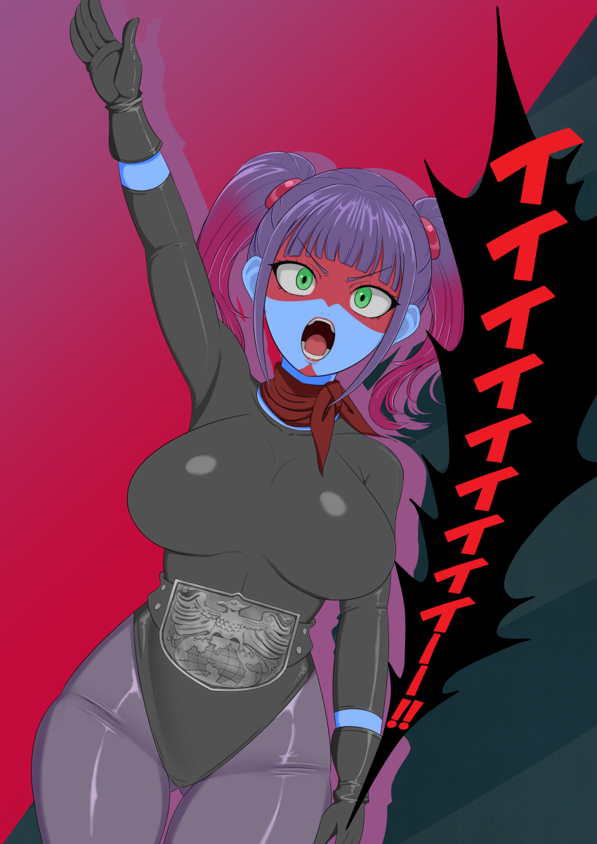 ! !! 1girl absurdres arms_up black_leotard breasts curvy dutch_angle gradient_hair green_eyes highleg highleg_leotard highres kamen_rider large_breasts leotard lips long_hair looking_at_viewer looking_back moks33 multicolored_hair pantyhose purple_hair solo standing toujima_tanzaburou_wa_kamen_rider_ni_naritai translation_request twintails wide_hips yukarisu