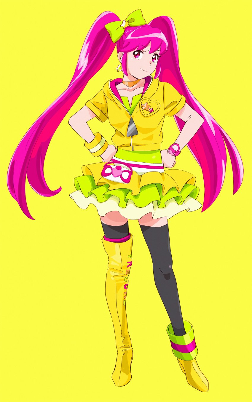 1girl absurdres aino_megumi alternate_form asymmetrical_footwear black_thighhighs boots bow brooch collarbone cure_lovely cure_lovely_(lollipop_hip_hop) earrings full_body green_bow hair_bow hands_on_own_hips happinesscharge_precure! heart heart_brooch highres hood hood_down hooded_jacket jacket jewelry long_hair looking_at_viewer magical_girl mismatched_footwear ojipon pink_eyes pink_hair precure short_sleeves simple_background single_boot single_thigh_boot skirt smile solo star_(symbol) star_earrings thigh_boots thighhighs twintails uneven_footwear yellow_background yellow_boots yellow_jacket yellow_skirt