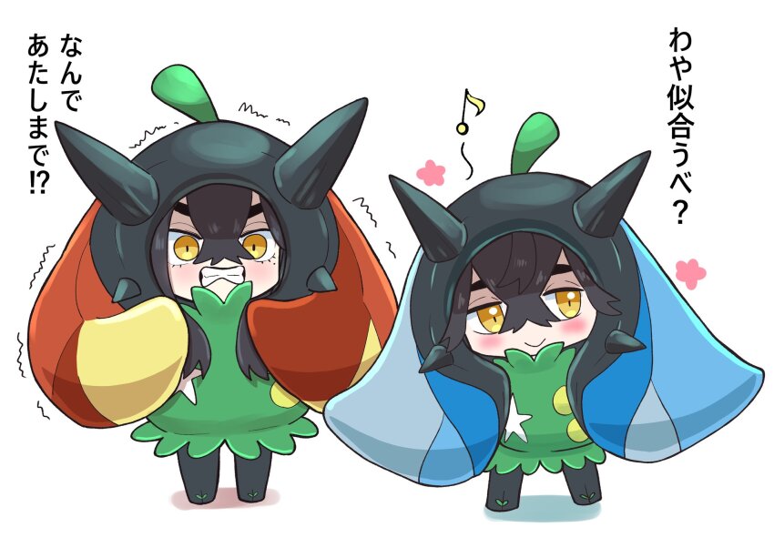 1boy 1girl :&gt; blush brother_and_sister carmine_(pokemon) chibi clenched_teeth closed_mouth commentary_request flower_symbol hair_between_eyes highres kieran_(pokemon) looking_to_the_side musical_note nintendo ogerpon pokemon pokemon_sv sheyona siblings sidelocks smile standing teeth translation_request trembling white_background yellow_eyes