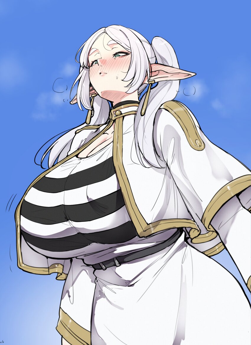 1girl alternate_breast_size_(larger) breasts covered_erect_nipples elf frieren green_eyes huge_breasts pointy_ears puzenketsu sagging_breasts sousou_no_frieren twintails upward_angle_frieren_drawing_(meme) white_hair