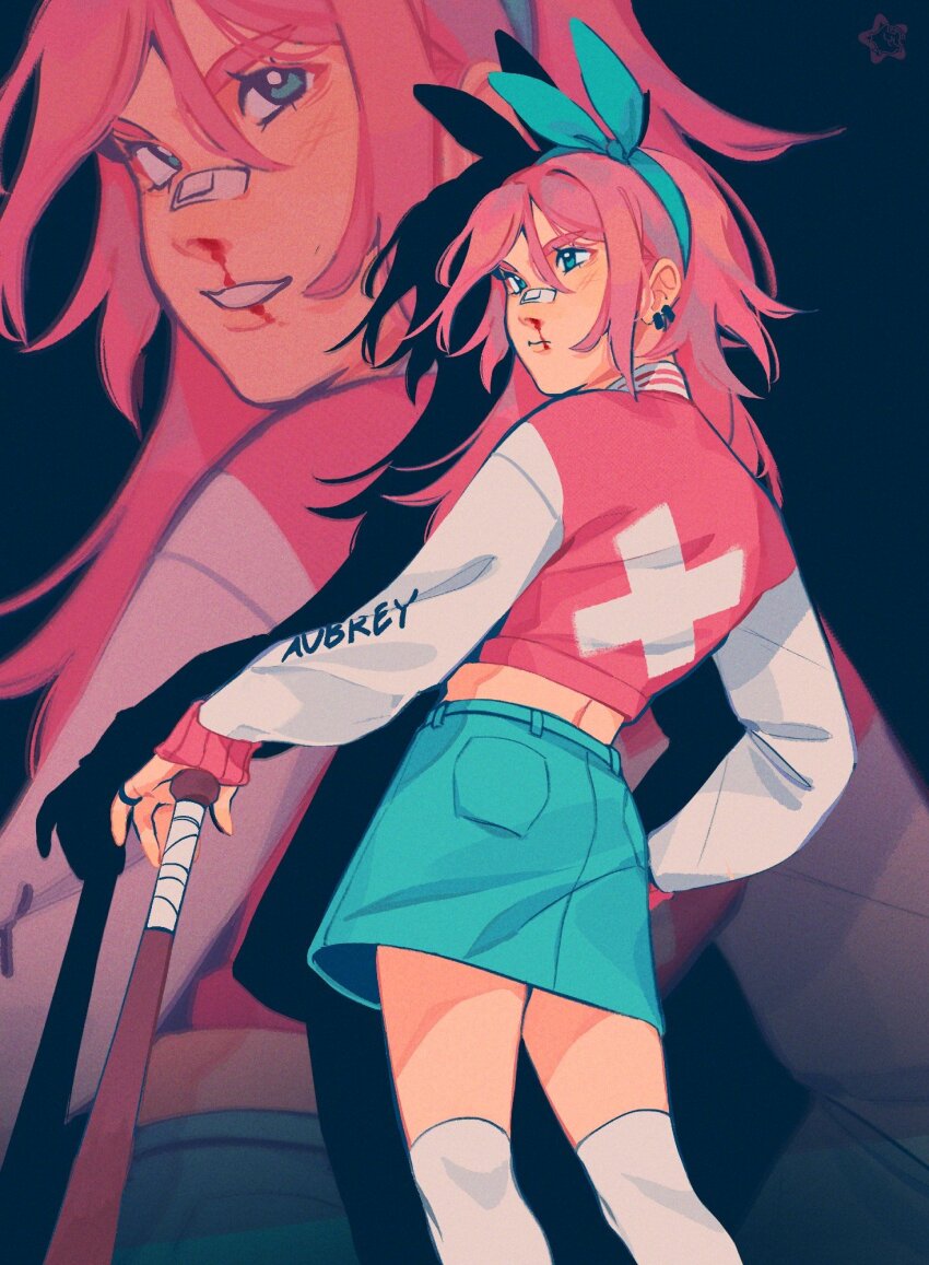 1girl :d aubrey_(omori) bandaid bandaid_on_face bandaid_on_nose baseball_bat blood blue_eyes blue_skirt bow_hairband different_zoom_layer drop_shadow feet_out_of_frame full_body hairband hand_on_own_hip highres leaning_on_object midriff moonfloat multiple_views nosebleed omori open_mouth pink_hair pink_sweater pout skirt smile solo sweater x