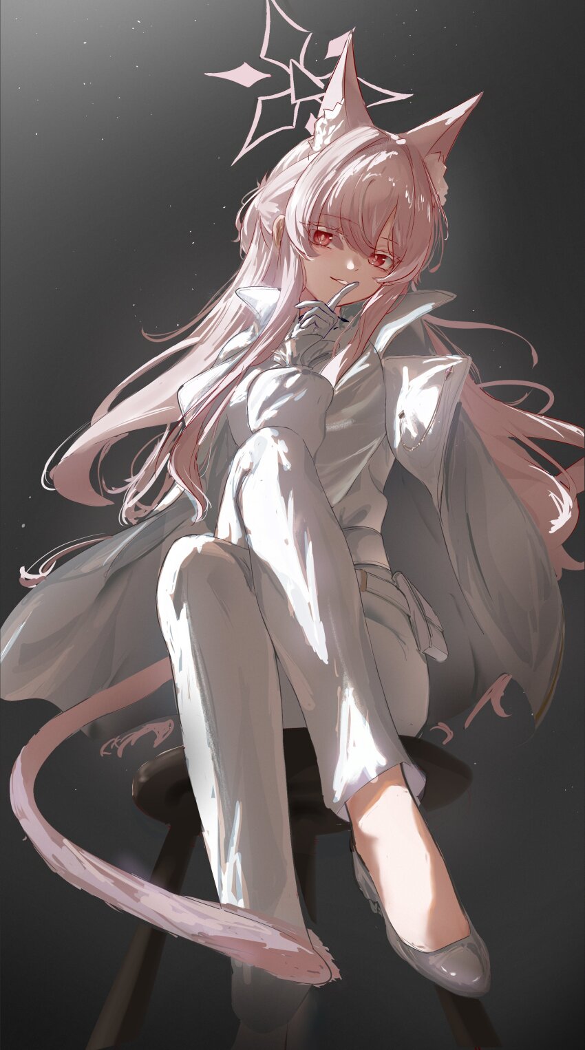1girl absurdres akira_(blue_archive) animal_ear_fluff animal_ears blue_archive cat_ears cat_girl cat_tail crossed_legs finger_to_mouth gloves hair_between_eyes highres jacket jacket_on_shoulders long_hair looking_at_viewer on_stool pants parted_lips pink_hair red_eyes seeyouu73 shirt shoes sidelocks sitting smile solo tail white_gloves white_jacket white_pants white_shirt white_shoes