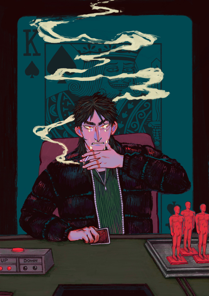 1boy black_hair black_jacket card cigarette crying crying_with_eyes_open figure frown green_sweater highres holding holding_card holding_cigarette itou_kaiji jacket kaiji king_(playing_card) long_hair looking_at_viewer male_focus playing_card red_eyes rololonde scar scar_on_hand sitting smoke sweater table tears tray