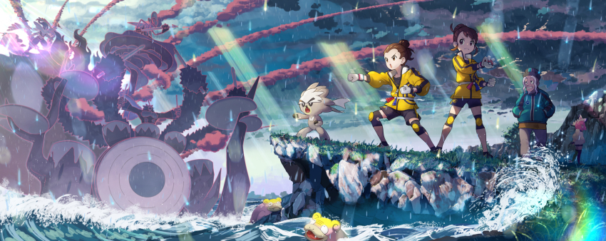 2boys 2girls :o black_shirt black_shorts brown_eyes brown_hair cinderace clenched_hand closed_mouth commentary_request dynamax dynamax_band frown galarian_form galarian_slowpoke gen_8_pokemon gigantamax gigantamax_cinderace gigantamax_inteleon gigantamax_rillaboom gloria_(pokemon) gloves highres holding holding_poke_ball inteleon jacket klara_(pokemon) knee_pads kubfu legendary_pokemon light_rays master_dojo_uniform multiple_boys multiple_girls mustard_(pokemon) nintendo outdoors poke_ball poke_ball_(basic) pokemon pokemon_(creature) pokemon_swsh rillaboom shirt shoes short_hair shorts squatting standing victor_(pokemon) white_gloves yakkun yellow_jacket