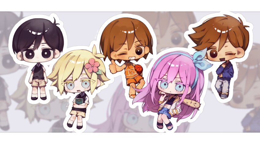 1girl 4boys :&lt; ;d ankle_socks antenna_hair aubrey_(faraway)_(omori) aubrey_(omori) ball bare_arms bare_shoulders baseball_bat basil_(faraway)_(omori) basil_(omori) basketball_(object) black_eyes black_hair black_shoes black_socks black_sweater_vest blue_eyes blue_hairband blue_shirt blue_shoes blue_skirt book bow_hairband bright_pupils brothers brown_eyes brown_hair chibi chibi_only collared_shirt colored_eyelashes commentary dark-skinned_male dark_skin denim denim_skirt dot_nose double-parted_bangs flower full_body grey_background grey_pants grin hair_behind_ear hair_between_eyes hair_flower hair_ornament hairband hanabata0320 hero_(faraway)_(omori) hero_(omori) highres holding holding_baseball_bat holding_book hugging_object jacket kel_(faraway)_(omori) kel_(omori) knees_together_feet_apart leg_hair letterboxed long_hair long_sleeves looking_at_viewer midriff miniskirt multiple_boys nail_(hardware) nail_bat navel omori one_eye_closed open_clothes open_jacket open_mouth orange_sailor_collar orange_shoes orange_shorts orange_tank_top outline over_shoulder pants pink_flower pink_hair sailor_collar shirt shoes short_hair short_sleeves shorts siblings simple_background skirt smile socks standing straight_hair sunny_(omori) sweater_vest symbol-only_commentary tank_top thumbs_up tongue twitter_username very_long_hair very_short_hair weapon weapon_over_shoulder white_jacket white_outline white_pupils white_shirt white_socks yellow_shorts zoom_layer
