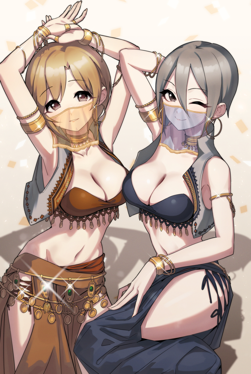 24riside 2girls ;) absurdres aiba_yumi arm_up armlet armpits arms_up black_bra bra bracelet breasts brown_bra brown_eyes brown_hair cleavage collarbone commission earrings gem green_gemstone grey_hair grin hair_between_eyes harem_outfit harem_pants highres idolmaster idolmaster_cinderella_girls jewelry looking_at_viewer medium_breasts mouth_veil multiple_girls one_eye_closed pants pixiv_commission see-through_clothes see-through_veil shiomi_syuko short_hair smile sparkle strapless strapless_bra underwear veil