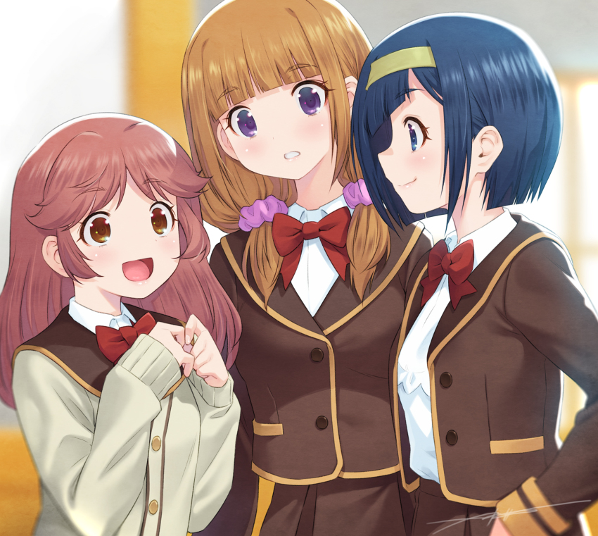 3girls :d blue_eyes blue_hair bow bowtie brown_eyes brown_hair cardigan collared_shirt delicious_party_precure endou_iroha extra hair_ornament hair_scrunchie hairband highres kazuma_muramasa low_twintails multiple_girls nagase_ena open_mouth parted_lips pink_scrunchie precure profile purple_eyes red_bow red_bowtie school_uniform scrunchie serafuku shirt short_hair smile takada_risa twintails white_shirt yellow_hairband