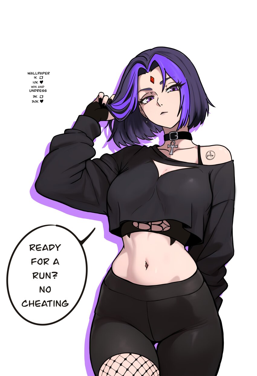 1girl absurdres alternate_costume breasts crop_top cropped_sweater dc_comics english_text fishnets highres long_sleeves multicolored_hair navel purple_hair raven_(dc) redpostit simple_background solo speech_bubble streaked_hair sweater teen_titans white_background yoga_shorts