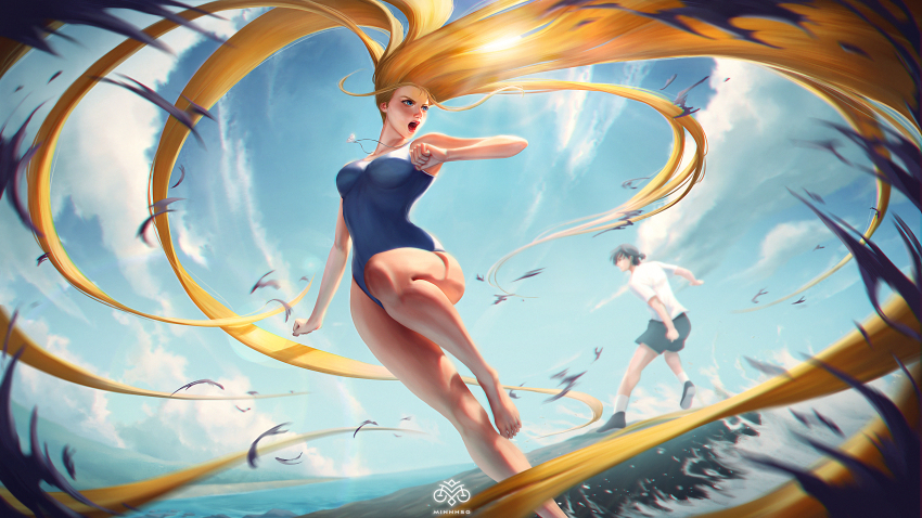 1boy 1girl absurdly_long_hair absurdres ajiro_shinpei artist_logo barefoot black_footwear black_hair black_shorts blonde_hair blue_eyes blue_one-piece_swimsuit blurry breasts commentary depth_of_field english_commentary highres kofune_ushio logo long_hair looking_to_the_side minnhsg one-piece_swimsuit open_mouth outdoors ponytail prehensile_hair shirt short_ponytail shorts socks summertime_render sun swimsuit very_long_hair water white_shirt white_socks
