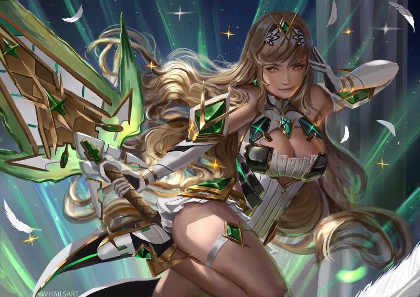 1girl aegis_sword_(xenoblade) bare_legs bare_shoulders blonde_hair breasts chest_jewel cleavage_cutout clothing_cutout dress earrings gem headpiece highres jewelry large_breasts long_hair mythra_(xenoblade) nintendo short_dress solo super_smash_bros. swept_bangs thigh_strap tiara very_long_hair whails white_dress white_footwear xenoblade_chronicles_(series) xenoblade_chronicles_2 yellow_eyes