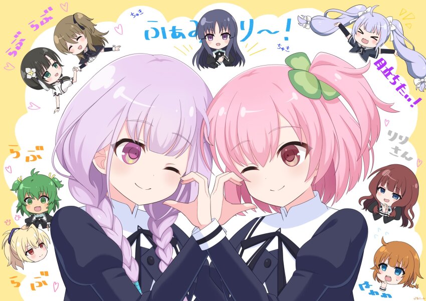 &gt;_&lt; 6+girls :3 :d ;) ^_^ ahoge andou_tazusa antenna_hair assault_lily black_capelet black_hair black_ribbon blonde_hair blunt_bangs blush bow braid braided_ponytail brown_hair capelet chibi closed_eyes closed_mouth clover_hair_ornament commentary_request cropped_jacket cropped_torso detached_sleeves eye_contact facing_another fang flower four-leaf_clover_hair_ornament frilled_sleeves frills futagawa_fumi green_eyes green_hair grey_hair hair_between_eyes hair_bow hair_ornament hair_over_shoulder hair_ribbon hair_scrunchie half-heart_hands hand_on_another&#039;s_cheek hand_on_another&#039;s_face hand_on_another&#039;s_head hand_on_own_chest hand_to_own_mouth hand_up hands_on_another&#039;s_face hands_up head_only heart highres hitotsuyanagi_riri hitotsuyanagi_yuri jewelry juliet_sleeves kaede_johan_nouvel kuo_shenlin long_hair long_sleeves looking_at_another looking_at_viewer low_twin_braids low_twintails miriam_hildegard_von_gropius multiple_girls neck_ribbon notice_lines one_eye_closed one_side_up open_mouth outstretched_arms piatin pink_eyes pink_hair puffy_sleeves purple_eyes purple_hair purple_ribbon red_eyes ribbon ring school_uniform scrunchie shirai_yuyu shirt short_hair short_sleeves single_braid smile sweatdrop tassel tassel_hair_ornament teeth translation_request twin_braids twintails two_side_up upper_body upper_teeth_only wang_yujia white_bow white_flower white_scrunchie white_shirt wristband yellow_ribbon yoshimura_thi_mai yurigaoka_girls_academy_school_uniform