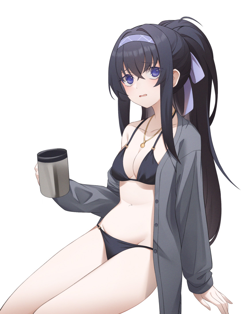 1girl bikini black_bikini black_hair blue_archive blush breasts cleavage cup ddiddo hairband high_ponytail highres holding holding_cup jewelry long_hair looking_at_viewer mug navel necklace open_mouth ponytail purple_eyes simple_background single_off_shoulder sitting small_breasts solo swimsuit ui_(blue_archive) ui_(swimsuit)_(blue_archive) white_background