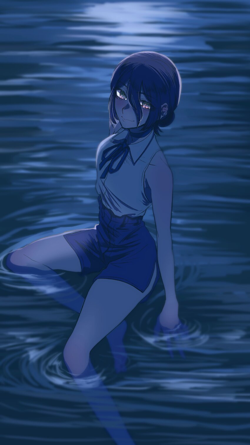 1girl absurdres blue_theme chainsaw_man choker hair_between_eyes hair_bun haru_rice highres in_water looking_at_viewer monochrome neck_ribbon open_mouth reze_(chainsaw_man) ribbon short_hair shorts side_slit side_slit_shorts single_hair_bun sleeveless solo wading