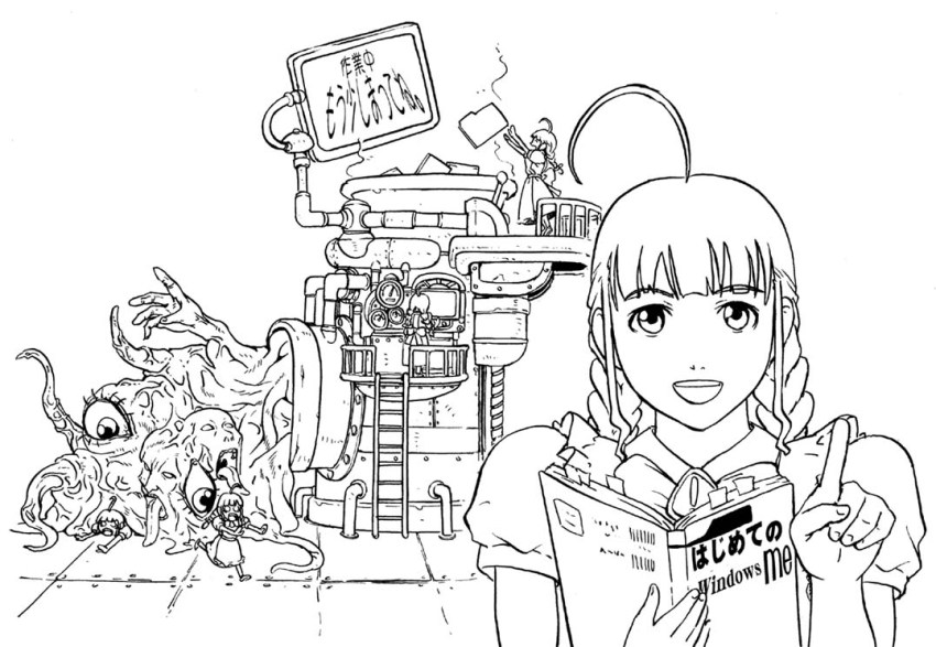 ahoge braid folder greyscale machine manual me-tan monochrome monster os-tan translation_request twin_braids