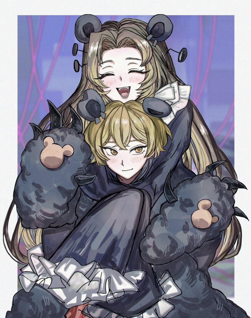 1boy 1girl animal_ears animal_hands bear_claws bear_ears blonde_hair blush brown_hair closed_eyes hair_bun highres hug hug_from_behind latorta_il limbus_company long_hair long_sleeves looking_at_viewer mole mole_under_eye multiple_girls official_alternate_costume open_mouth project_moon rodion_(project_moon) short_hair sinclair_(project_moon) smile yellow_eyes