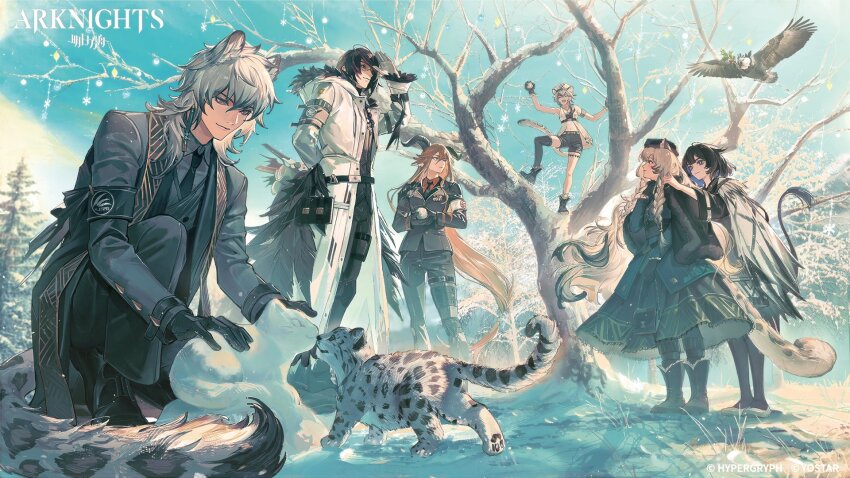 2boys 4girls ameriya animal_ears arknights asymmetrical_legwear black_dress black_gloves black_hair black_tube_top blonde_hair blue_coat boots braid cliffheart_(arknights) coat covering_another degenbrecher_(arknights) dress formal_clothes fur-trimmed_boots fur-trimmed_hood fur_trim gloves gnosis_(arknights) goat_ears goat_horns grey_hair highres holding holding_snowball hood horns in_tree kjera_(arknights) long_hair multiple_boys multiple_girls pillbox_hat pramanix_(arknights) pramanix_(caster&#039;s_frost)_(arknights) silverash_(arknights) silverash_(york&#039;s_bise)_(arknights) snow_cat snow_leopard snow_leopard_boy snow_leopard_ears snow_leopard_girl snow_leopard_tail snowball strapless suit tenzin_(arknights) tree tube_top twin_braids very_long_hair white_coat white_gloves
