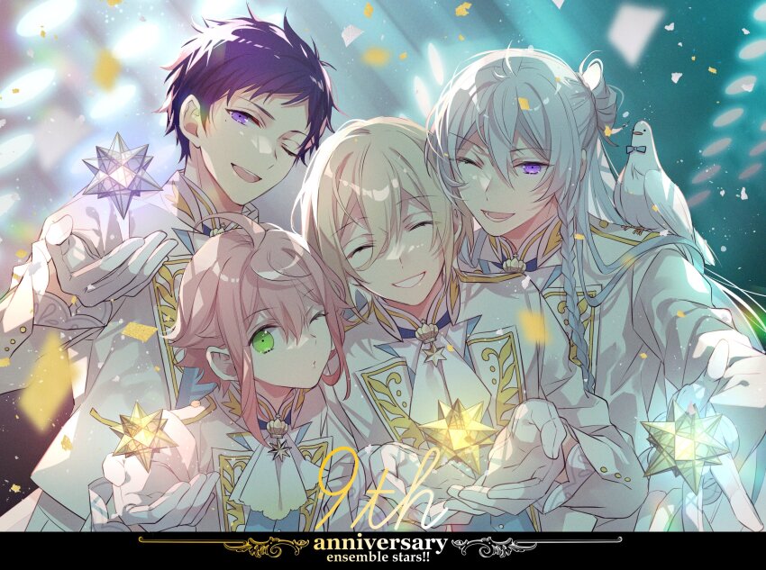 4boys ;d animal animal_on_shoulder bird bird_on_shoulder bishounen blazer blurry blurry_background confetti ensemble_stars! facing_viewer fine_(ensemble_stars!) floating floating_object fushimi_yuzuru gloves green_eyes grin heads_together hibiki_wataru highres himemiya_tori huyucotton jacket long_sleeves looking_at_viewer male_focus matching_outfits multiple_boys object_floating_above_hand one_eye_closed open_mouth parted_lips polyhedron purple_eyes shoulder-to-shoulder smile stage_lights telekinesis tenshouin_eichi white_bird white_gloves white_jacket yellow_trim