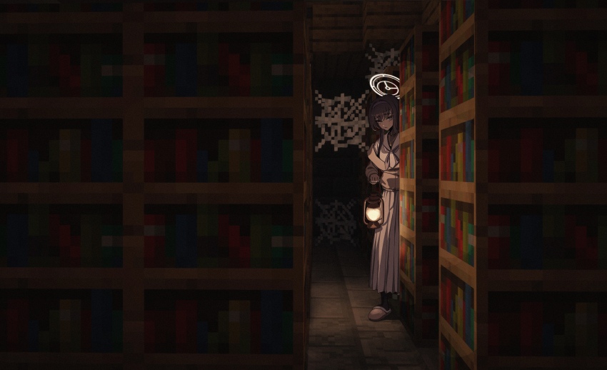 1girl absurdres alternate_hairstyle black_shirt blue_archive brown_jacket brown_slippers chojja closed_mouth hairband highres holding holding_lantern jacket lantern library looking_at_viewer minecraft neckerchief ponytail purple_eyes purple_hair purple_hairband purple_neckerchief shirt silk skirt slippers solo spider_web turtleneck turtleneck_shirt ui_(blue_archive) white_shirt white_skirt
