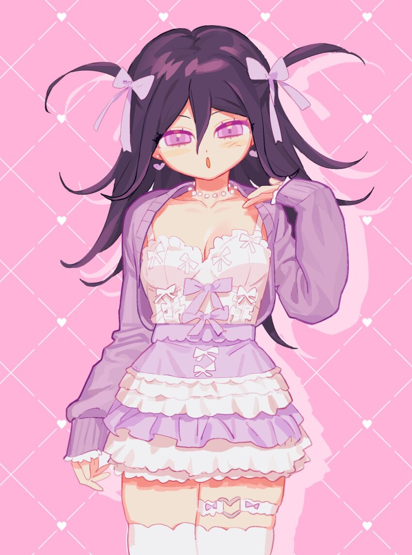 1girl :o black_hair blush breasts cleavage cowboy_shot danganronpa_(series) danganronpa_v3:_killing_harmony earrings genderswap genderswap_(mtf) hand_up heart heart_earrings highres jewelry large_breasts laz_(wancchaco) long_hair long_sleeves looking_at_viewer miniskirt oma_kokichi pink_background skirt thighhighs white_thighhighs