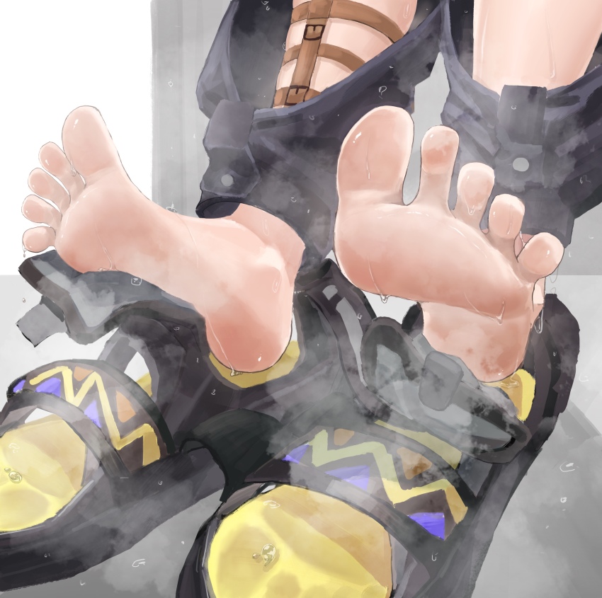 1girl arknights barefoot black_footwear black_gloves black_pants boots courier_(arknights) feet foot_focus gloves highres pants shoes soles solo sweat tiansuo_haoer toes wet