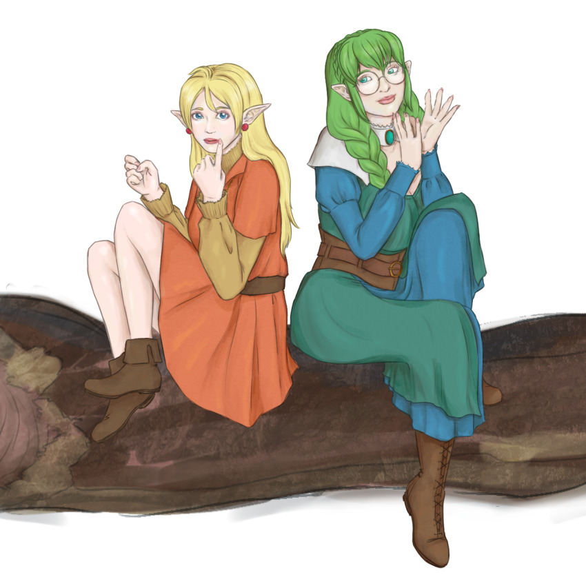 2girls belt blonde_hair blue_dress blue_eyes boots braid breasts brooch brown_belt commission commissioner_upload dress earrings elf euphemy_sylvaine forest full_body glasses green_dress green_eyes green_hair hair_over_shoulder highres jewelry large_breasts log long_hair long_sleeves lotte_farona multiple_girls nail_polish nature official_art orange_dress outdoors parent:11603197 pointy_ears round_eyewear shoes sitting smile soapwyrt transparent_background tree_stump twin_braids ways_of_darkness_(series)