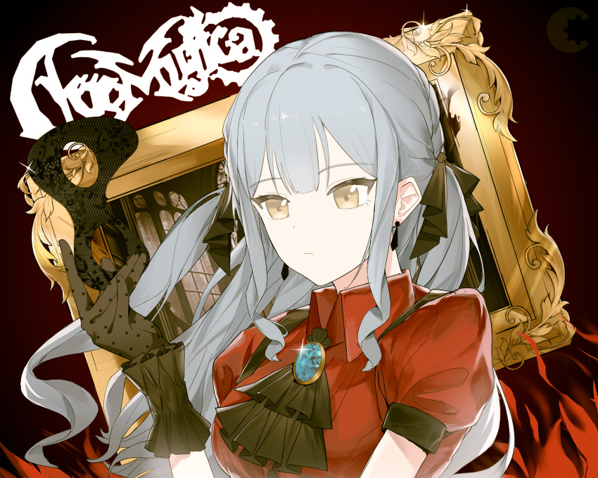 1girl absurdres anli_(jwcpp4sum0mgk5r) ascot bang_dream! bang_dream!_it&#039;s_mygo!!!!! black_ascot black_ribbon blue_brooch blue_hair collared_shirt commentary_request earrings fire glint hair_ribbon highres holding holding_mask jewelry long_hair looking_at_viewer mask oblivionis_(bang_dream!) picture_frame puffy_short_sleeves puffy_sleeves red_background red_shirt ribbon shirt short_sleeves sidelocks solo togawa_sakiko unworn_mask upper_body
