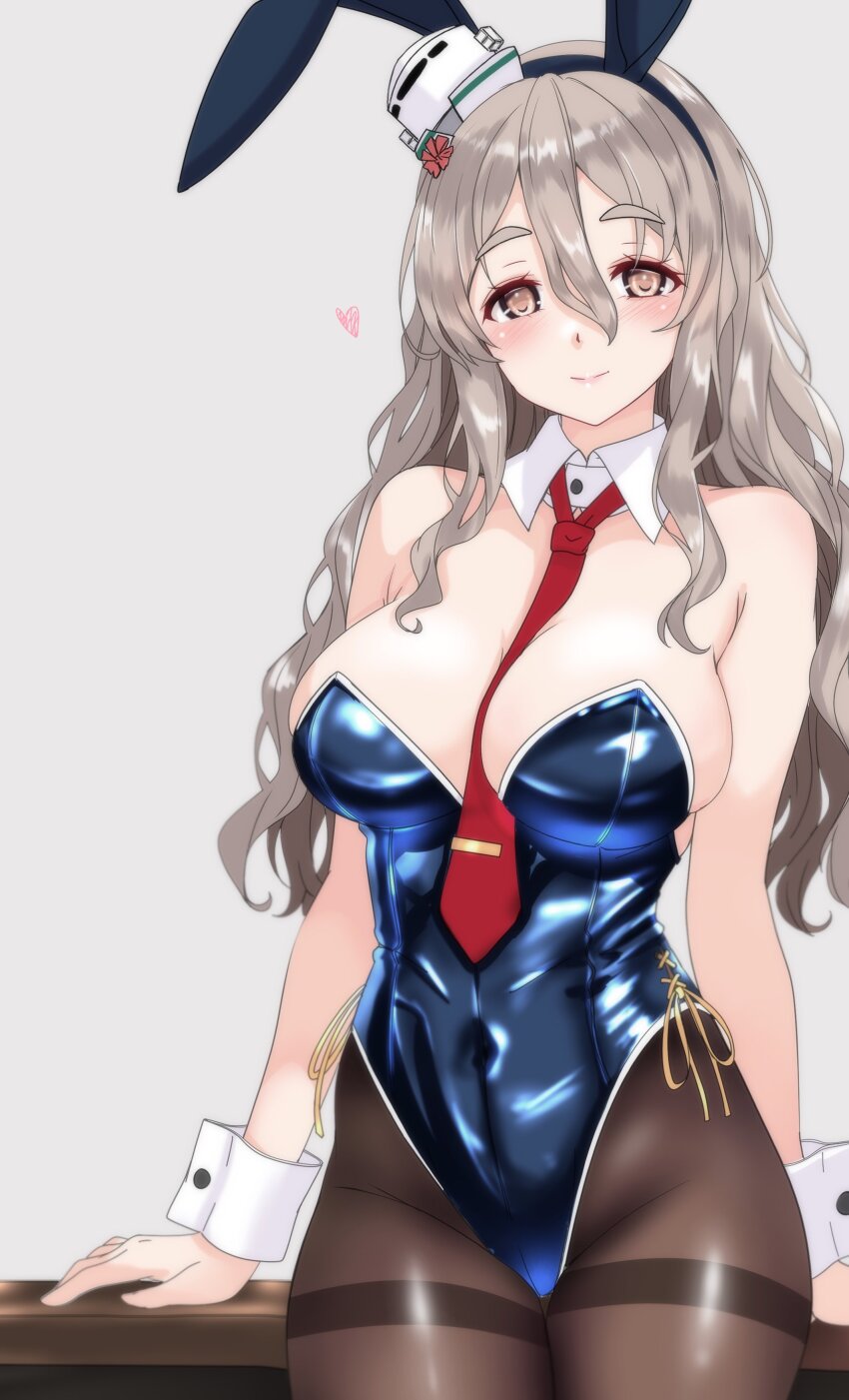 1girl absurdres alternate_costume animal_ear_hairband animal_ears between_breasts black_necktie blue_leotard breasts brown_eyes cleavage detached_collar fake_animal_ears grey_background grey_hair hairband hat highres kantai_collection large_breasts leotard long_hair looking_at_viewer mini_hat necktie necktie_between_breasts nitamako_(sakamalh) pantyhose playboy_bunny pola_(kancolle) rabbit_ears red_necktie side-tie_leotard simple_background smile solo strapless strapless_leotard thick_eyebrows thighband_pantyhose tilted_headwear wavy_hair wrist_cuffs