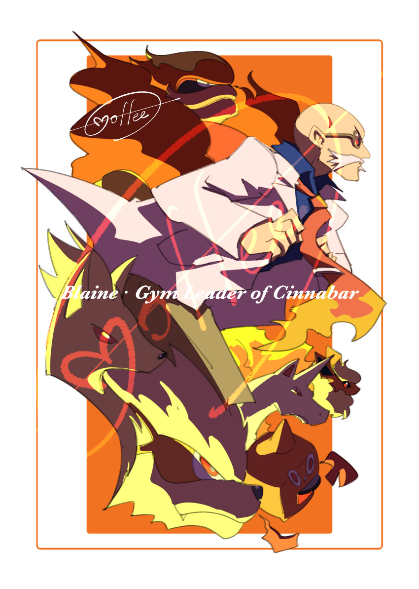 1boy absurdres arcanine bald blaine_(pokemon) blue_shirt border cccacademia character_name coat collared_shirt facial_hair flareon gen_1_pokemon gen_4_pokemon highres long_sleeves magmortar male_focus mixed-language_commentary mustache necktie ninetales nintendo open_clothes open_coat orange_background orange_necktie pokemon pokemon_(creature) pokemon_lgpe rapidash rotom rotom_(heat) round_eyewear shirt signature sunglasses white_border white_coat white_hair