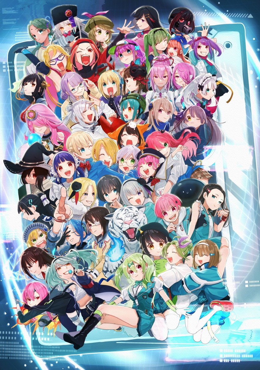 6+girls asakura_karen_(heaven_burns_red) black_footwear black_hair blonde_hair blue_eyes blue_hair book bow brown_hair byakko_(heaven_burns_red) candy carole_reaper character_request charlotta_skopovskaya closed_eyes commentary_request crocs everyone eye_mask eyepatch facial_mark food forehead_mark gas_mask glasses green_eyes green_hair grey_hair hair_ornament hair_over_eyes hair_over_one_eye hair_ribbon hairband hat heaven_burns_red highres index_finger_raised irene_redmayne lollipop maid_headdress maria_de_angelis mask mask_on_head multiple_girls narvy_(heaven_burns_red) one_eye_closed ooshima_ichiko ooshima_isuzu ooshima_minori ooshima_muua ooshima_niina ooshima_yotsuha open_mouth pink_eyes pink_hair plaid_clothes plaid_skirt purple_eyes red_bow red_eyes red_footwear red_hair ribbon skirt smile stuffed_animal stuffed_toy tiger torimune_(user_hkun5472) twintails ushanka white_hair white_tiger witch_hat yellow_eyes