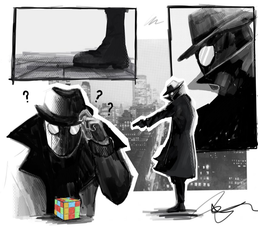 1boy ? adjusting_clothes adjusting_headwear aiming black_bodysuit black_coat black_footwear black_headwear black_pants bodysuit boots city cityscape coat commentary confused english_commentary fedora full_body greyscale gun halftone hand_on_headwear hat highres holding holding_gun holding_weapon looking_at_object marvel mask monochrome multiple_views outline pants partially_colored popped_collar rubik&#039;s_cube scribble solo_focus spider-man:_into_the_spider-verse spider-man_(series) spider-man_noir spider-verse standing tile_floor tiles tonny_(visoomo) trench_coat weapon white_outline