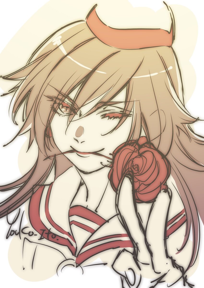1girl akira_ferrari aria_(manga) artist_name bow bowtie brown_hair closed_mouth earrings eyelashes flower hand_up hat highres himeya_company_uniform itou_youko jewelry looking_at_viewer mouth_hold one_eye_closed portrait red_hat rose sailor_collar signature sketch smile solo two-tone_headwear v v-shaped_eyebrows white_hat