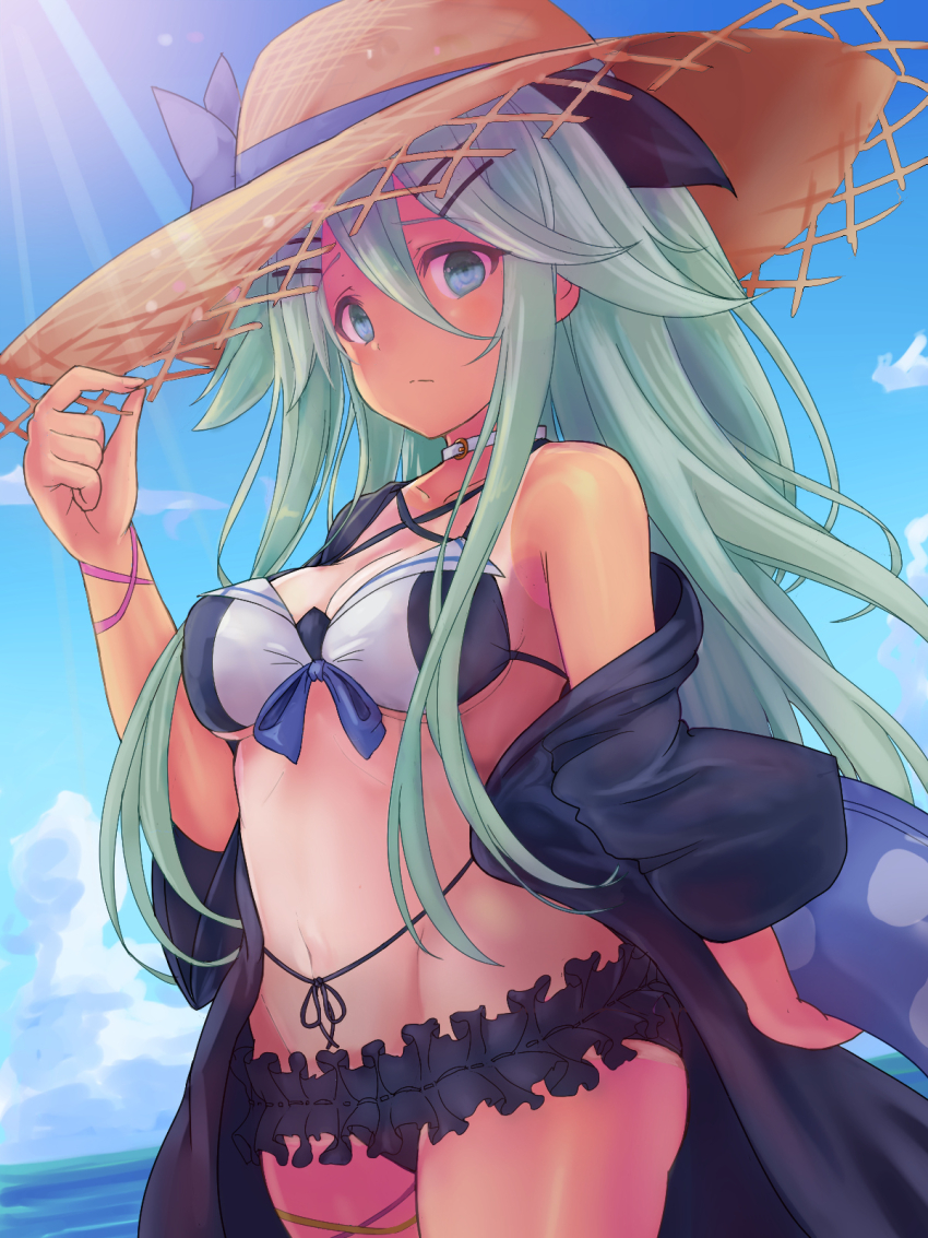 1girl bikini black_bikini breasts cleavage closed_mouth collarbone cowboy_shot day em_s gluteal_fold green_eyes green_hair groin hat highres kantai_collection long_hair medium_breasts navel ocean outdoors solo straw_hat swimsuit water yamakaze_(kancolle) yamakaze_(swimsuit)_(kancolle)