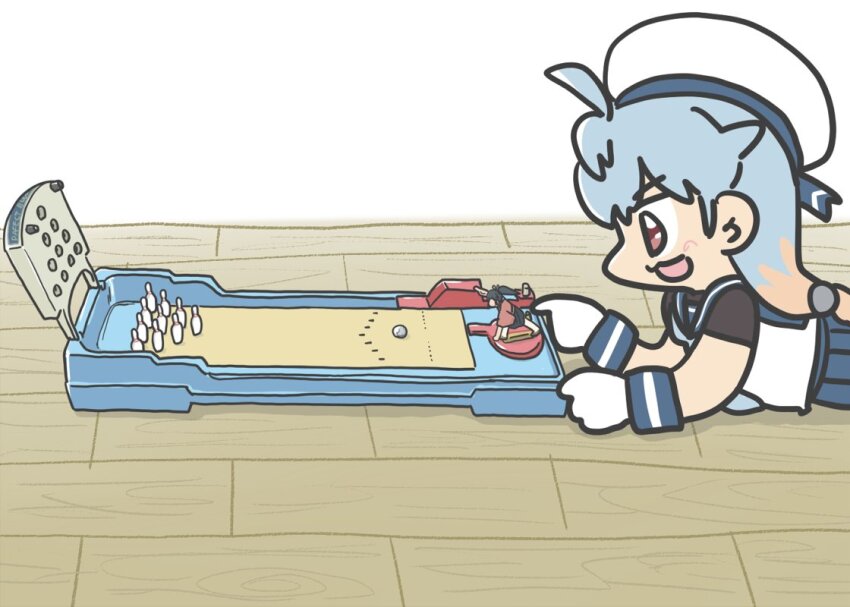 1girl blue_hair blue_neckerchief blue_sailor_collar blue_skirt bowling bowling_pin commentary_request ferret-san gloves gradient_hair hat kantai_collection long_hair lying multicolored_hair neckerchief on_stomach pleated_skirt red_eyes sado_(kancolle) sailor_collar sailor_hat school_uniform serafuku shirt skirt sleeveless sleeveless_shirt solo toy undershirt white_gloves white_hat