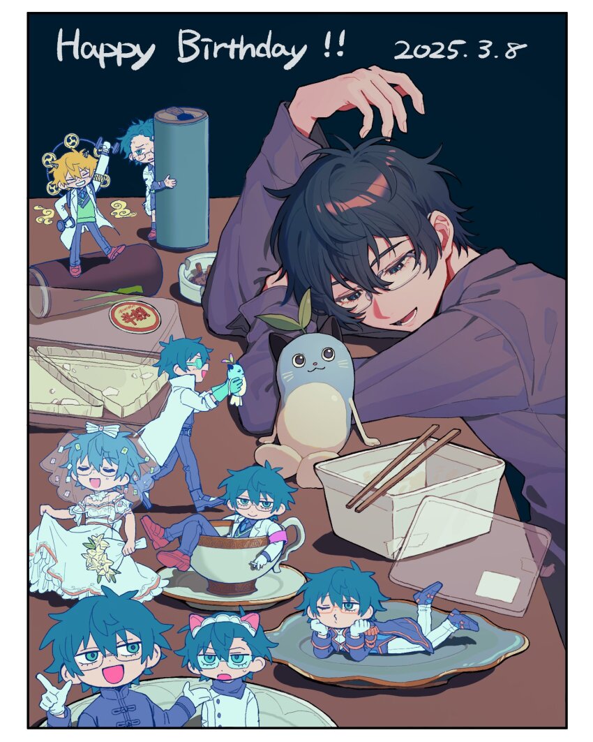 1boy animal_ears aqua_eyes armband belt blue_hair border bouquet bridal_veil can chopsticks cigarette cigarette_holder clothes_lift coat crossdressing cup dated dress dress_lift drink_can fake_animal_ears flower glasses grey_shirt happy_birthday high_collar highres holding holding_bouquet leos_vincent leos_vincent_(1st_costume) male_focus mameneko_(leos_vincent) monster_energy naba_(222kg_neko000) necktie nijisanji nijisanji_idol_uniform one_eye_closed open_clothes open_coat pants plate puckered_lips saucer shirt short_hair small_sweatdrop table teacup veil vest virtual_youtuber wedding_dress white_border white_coat white_dress