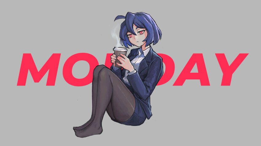 1girl :&lt; ahoge bags_under_eyes black_pantyhose blue_hair blue_jacket blue_skirt blue_suit breasts closed_mouth coffee collared_shirt commentary cup disposable_coffee_cup disposable_cup double-parted_bangs drawpile_(medium) dress_shirt endless_monday:_dreams_and_deadlines english_commentary english_text eyebrows_hidden_by_hair formal_clothes from_side frown full_body grey_background hair_between_eyes half-closed_eyes highres holding holding_cup invisible_floor jacket knees_up legs_together long_eyelashes long_sleeves looking_at_viewer looking_to_the_side miniskirt no_shoes open_clothes open_jacket pantyhose pencil_skirt pink_eyes raised_eyebrows red_eyes shirt shirt_tucked_in short_hair sidelocks sitting skirt skye_(hcnone) small_breasts solo steam suit suit_jacket text_background thick_eyelashes thighs vertigris white_shirt