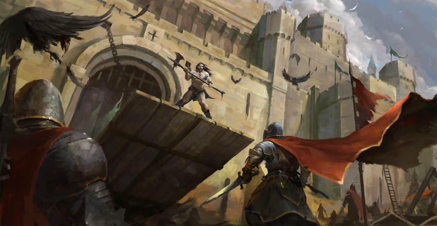 6+boys armor axe barbarian battle battle_axe battlement beard bird black_hair blood blood_in_hair blood_on_face bloody_weapon building cape castle cloud cross crow day drawbridge facial_hair fortress full_armor full_beard gate helm helmet highres holding holding_axe holding_sword holding_weapon horse implied_cannibalism knight ladder loincloth long_hair male_focus maxprodanov medieval multiple_boys muscular muscular_male open_mouth original outdoors portcullis red_cape scenery siege sky standing sword tattoo topless_male tower tree tribal_tattoo weapon
