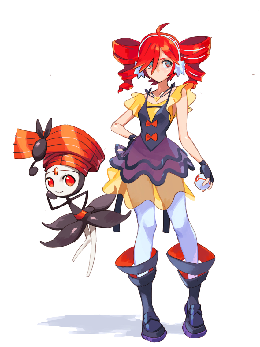 1girl absurdres ahoge arm_at_side black_boots black_dress black_gloves blush boots closed_mouth commentary dress drill_hair expressionless fingerless_gloves full_body gen_5_pokemon gloves grey_eyes hair_over_one_eye hand_on_own_hip headphones highres holding holding_poke_ball kasane_teto knee_boots legendary_pokemon luxury_ball meloetta meloetta_(pirouette) multicolored_eyes mythical_pokemon nintendo official_alternate_costume orisghost pantyhose poke_ball pokemon pokemon_(creature) project_voltage red_eyes red_hair rival_teto_(project_voltage) see-through_clothes see-through_dress shadow short_sleeves simple_background smile standing twin_drills utau vocaloid white_background white_pantyhose yellow_dress