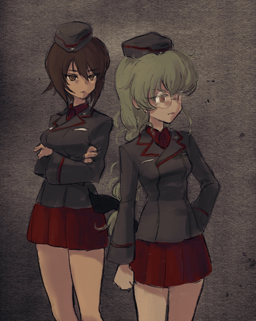 2girls absurdres anchovy_(girls_und_panzer) black_background black_jacket bow braid breasts clenched_hand cross crossed_arms garrison_cap girls_und_panzer glasses green_hair hair_bow hair_ribbon hand_on_own_hip hat highres iron_cross jacket kuromorimine_military_uniform large_breasts long_braid medium_breasts military military_hat military_uniform multiple_girls nishizumi_maho payama pleated_skirt ponytail red_eyes red_shirt red_skirt ribbon round_eyewear shirt skirt upper_body