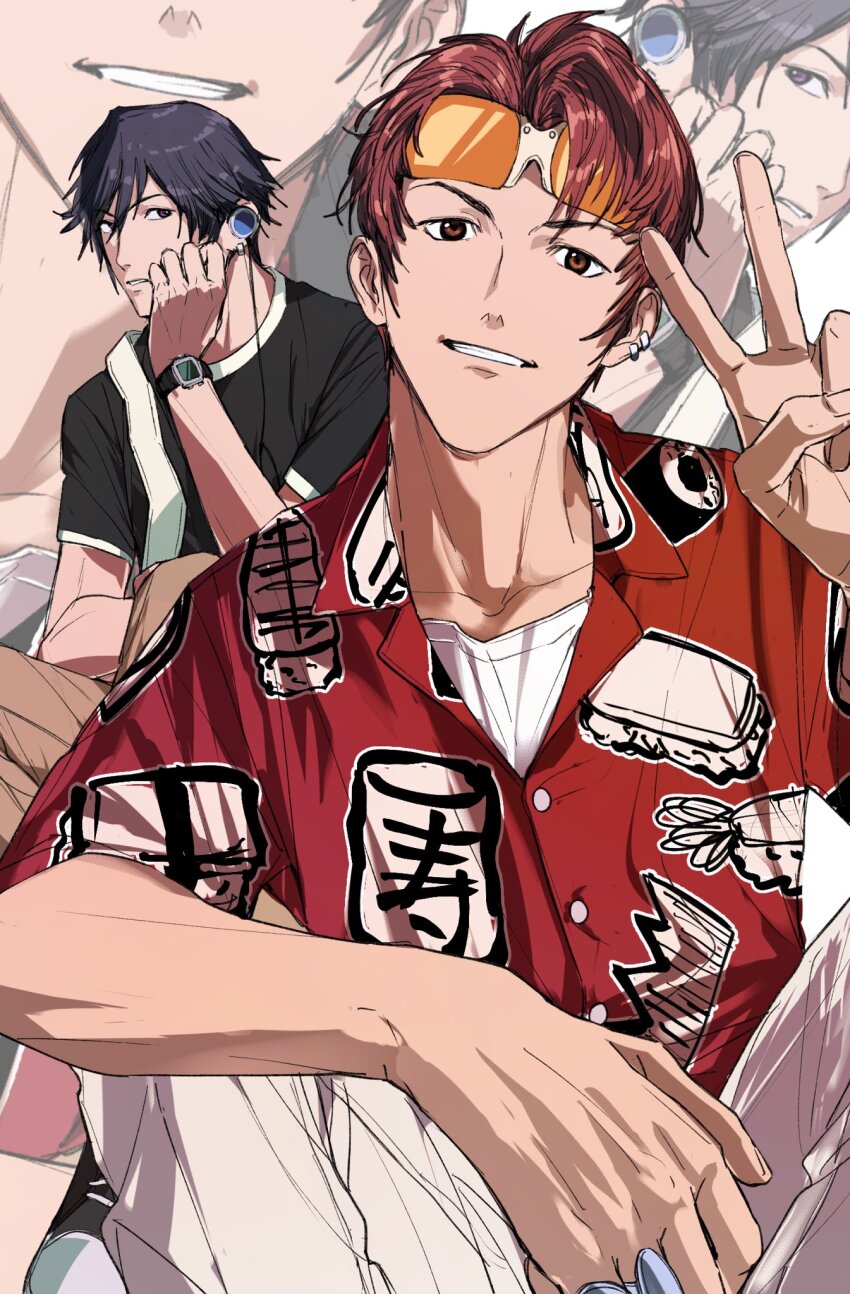 2boys alternate_costume amikoiiko arm_on_knee bag black_footwear black_hair black_shirt brown_eyes brown_hair brown_pants clothes_writing collarbone dress_shirt ear_piercing earphones earrings facing_to_the_side facing_viewer feet_out_of_frame figure_four_sitting fingernails fish_(food) food food_print full_body goggles goggles_on_head hand_on_own_cheek hand_on_own_face hand_up hashtag-only_commentary head_tilt highres holding_strap jewelry looking_at_viewer makizushi male_focus multiple_boys nigirizushi oval pants persona persona_1 piercing pinky_ring print_shirt purple_eyes red_shirt shirt shoes short_hair short_sleeves shoulder_bag simple_background single_earring sitting smile sneakers sternocleidomastoid_muscle sushi teeth toudou_naoya two-tone_footwear uesugi_hidehiko v watch white_background white_footwear white_pants white_shirt white_undershirt wristwatch zoom_layer