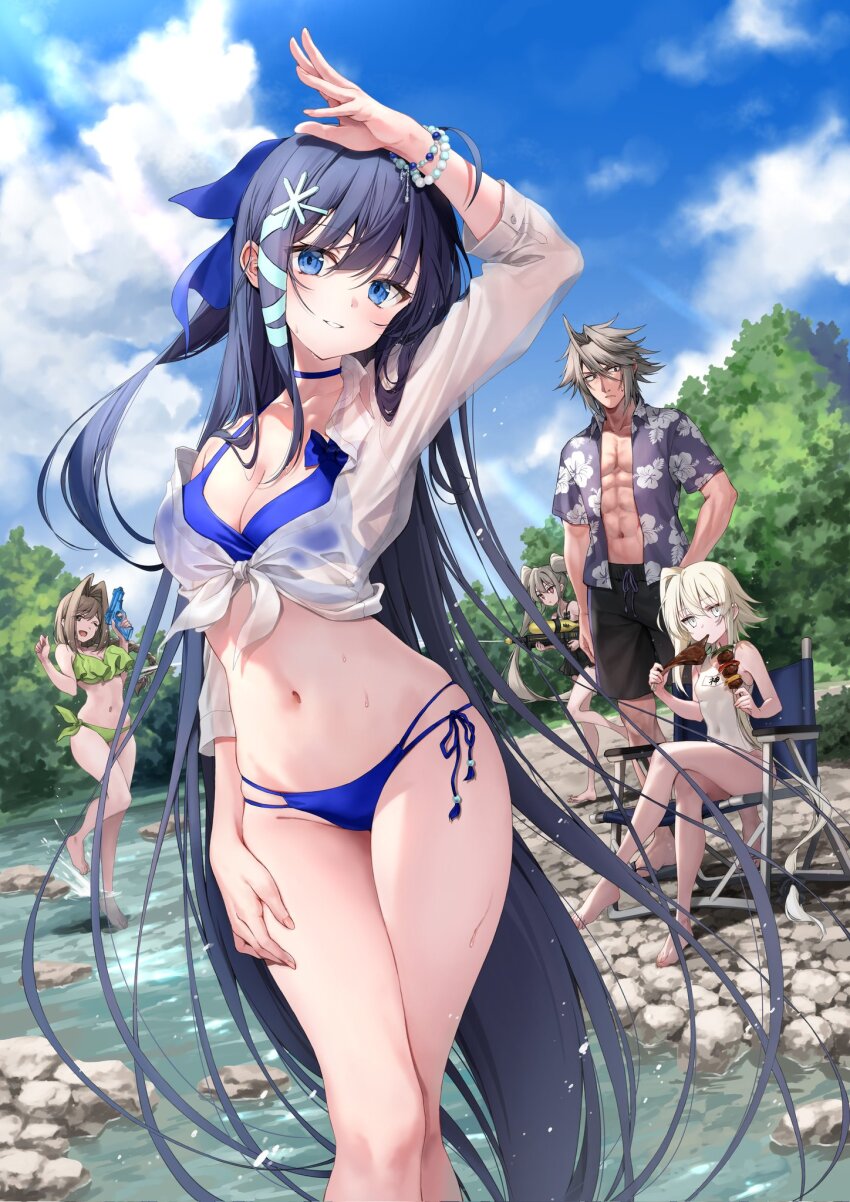 1girl 4girls ;d abs aono_haruka aqua_eyes arm_up asterisk_hair_ornament bare_legs barefoot bead_bracelet beads bikini blue_hair blue_sky bracelet brown_eyes brown_hair cloud cover cover_page crossed_legs eating flip-flops food green_eyes grey_hair hair_ribbon hand_on_own_hip highres himinglaeva_albion holding holding_food holding_water_gun jewelry jupiter_(tutorial_ga_hajimaru_mae_ni) kakao_rantan long_hair looking_at_another multiple_girls name_tag navel novel_cover official_art on_chair one_eye_closed open_clothes open_mouth open_shirt parted_lips red_eyes ribbon river sandals second-party_source see-through_clothes see-through_shirt shimizu_fumika shimizu_kyouyichirou shirt shish_kebab short_hair shorts side-tie_bikini_bottom sitting sky smile solo_focus standing standing_on_one_leg swimsuit tied_shirt tree tutorial_ga_hajimaru_mae_ni twintails very_long_hair water_gun white_hair