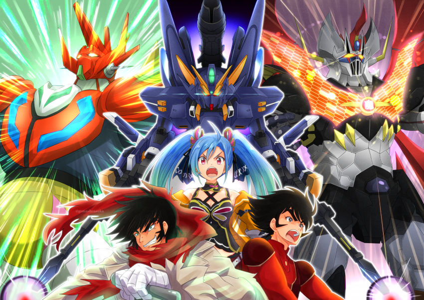1girl 2boys az_sainklaus black_eyes black_hair blue_hair dual_wielding firing floating_hair getter_robo glowing glowing_eyes gomashio_star gradient_hair green_eyes green_hair gun hair_behind_ear highres holding holding_gun holding_weapon huckebein_30th kabuto_kouji looking_at_viewer mazinger_(series) mazinger_z mazinger_z:_infinity mazinkaiser mazinkaiser_(robot) mecha multicolored_hair multiple_boys nagare_ryoma red_scarf robot scarf science_fiction shin_getter_dragon shin_getter_robo sideburns smile super_robot super_robot_wars super_robot_wars_30 twintails v-fin v-shaped_eyebrows weapon yellow_eyes