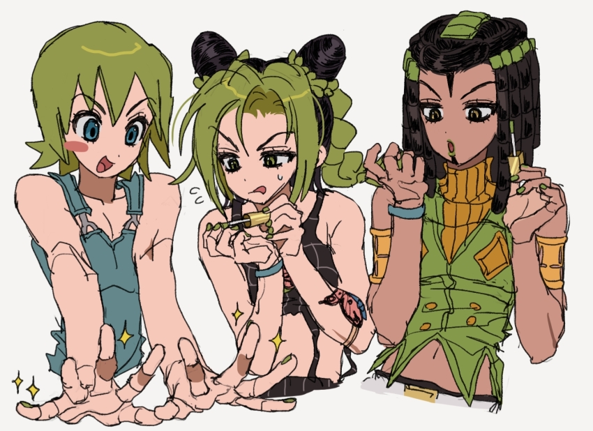 3girls :d :o :p applying_manicure aqua_overalls bare_shoulders belt black_hair black_tank_top braid braided_ponytail brown_eyes bun_with_braided_base butterfly_tattoo cone_hair_bun crop_top cropped_sweater dark-skinned_female dark_skin double_bun dreadlocks ermes_costello eyelashes flying_sweatdrops foo_fighters_(jojo) fu_r_y gold_armlet green_hair green_lips green_nails green_vest hair_bun jojo_no_kimyou_na_bouken kuujou_jolyne looking_at_hands midriff multiple_girls nail_polish nail_polish_brush navel open_mouth overalls ribbed_sweater sketch smile sparkle spider_web_print stone_ocean sweatdrop sweater tank_top tattoo tongue tongue_out turtleneck turtleneck_sweater upper_body vest white_background white_belt yellow_sweater
