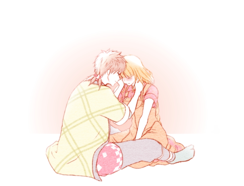 1boy 1girl azu_rin_go between_legs black_pants black_shirt blonde_hair bokujou_monogatari bokujou_monogatari:_mittsu_no_sato_no_taisetsuna_tomodachi braid brown_eyes brown_hair brown_overalls bush closed_eyes closed_mouth collared_shirt crying full_body gradient_background green_haori hair_between_eyes hair_bobbles hair_ornament hand_between_legs hand_on_another&#039;s_neck haori heads_together highres hinata_(bokujou_monogatari) japanese_clothes jinbei_(clothes) long_hair looking_at_another low_twin_braids nanami_(bokujou_monogatari) orange_background overall_skirt overalls pants rattail red_shirt rubbing_eyes shirt shirt_under_kimono short_hair short_sleeves sidelocks sitting sleeves_rolled_up spiked_hair tabi twin_braids wariza white_background wing_collar