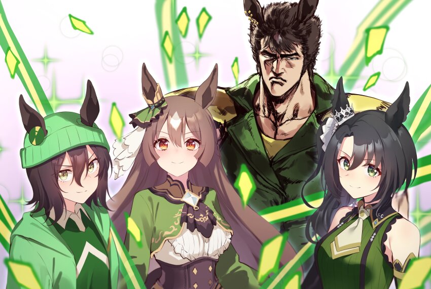 1boy 3girls absurdres animal_ears ascot bare_shoulders beanie black_hair braid brown_ascot brown_eyes brown_hair corset cropped_jacket ear_ornament ears_through_headwear frilled_shirt frilled_sleeves frills green_eyes green_headwear green_jacket green_shirt green_sweater hair_between_eyes half_up_braid half_updo hara_tetsuo_(style) hat highres hokuto_no_ken horse_ears horse_girl jacket kenshiro long_hair long_sleeves looking_at_viewer manly motsunabe_(mo2nap3) multicolored_hair multiple_girls muscular necktie parody ribbed_sweater satono_crown_(umamusume) satono_diamond_(umamusume) shirt short_hair side_ponytail sleeveless sleeveless_sweater sleeves_past_fingers sleeves_past_wrists streaked_hair sweater umamusume umamusume_(anime) underbust white_hair white_shirt yellow_eyes
