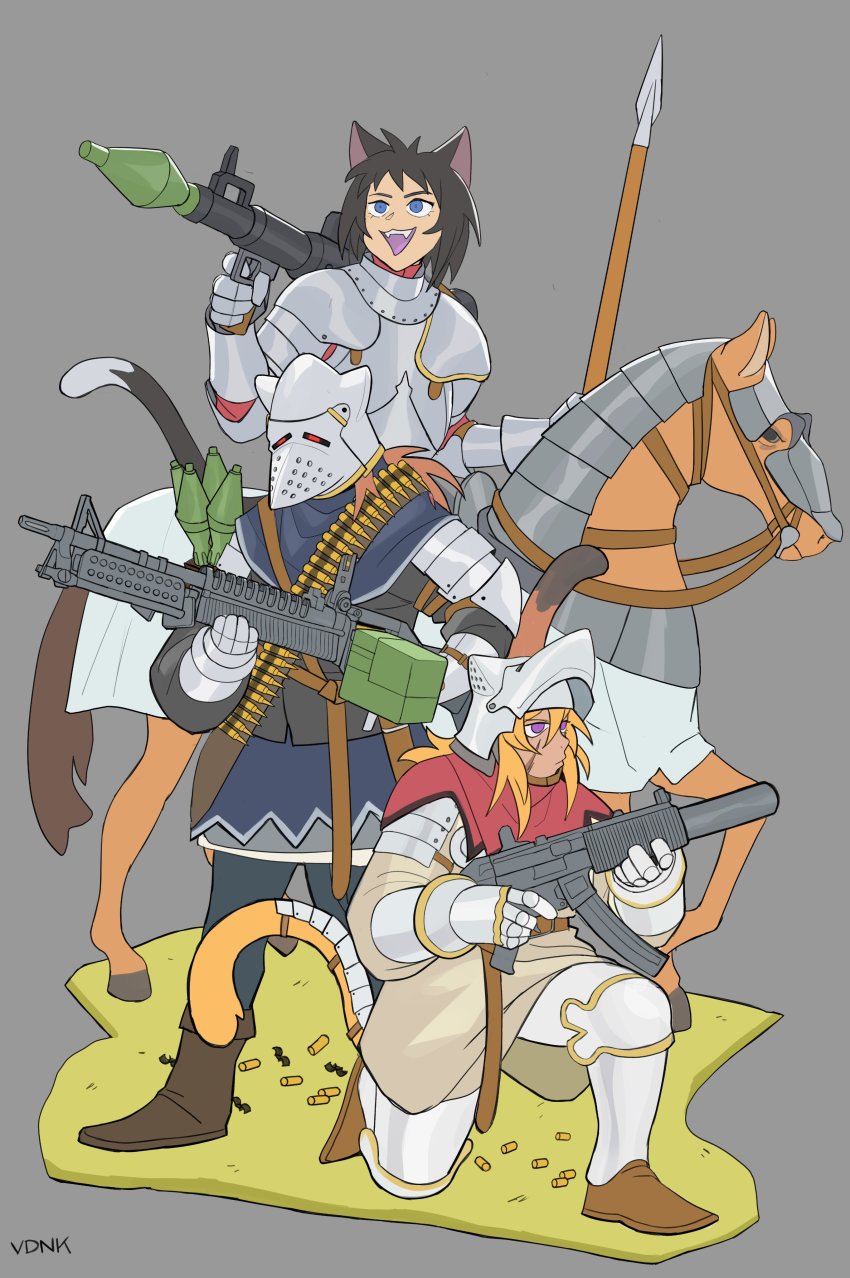 19vodnik absurdres ammunition ammunition_belt ammunition_box animal_ears armor assault_rifle black_hair blue_eyes cat_ears cat_girl cat_tail cavalry fangs gun h&amp;k_mp5sd helmet highres horse kneeling light_machine_gun m249_saw machine_gun multiple_girls orange_hair original plate_armor polearm red_eyes rifle rocket-propelled_grenade rocket_(projectile) rocket_launcher rpg rpg-7 rpg_(weapon) short_hair spear squad_automatic_weapon submachine_gun suppressor tail weapon