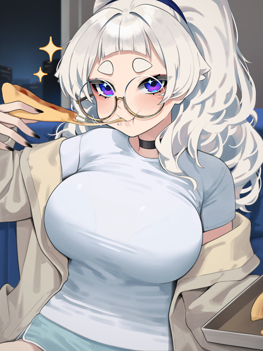 1girl aqua_shorts arched_bangs black_choker blunt_bangs blush breasts choker commentary dolphin_shorts eating fingernails food food_on_face glasses grey_hair highres holding holding_food holding_pizza indoors jacket large_breasts long_hair looking_at_viewer meg_(wakamepiza) nail_polish original pizza ponytail purple_eyes round_eyewear semi-rimless_eyewear shirt short_shorts shorts sparkle symbol-only_commentary thick_eyebrows under-rim_eyewear wakamepiza white_jacket white_shirt yellow-framed_eyewear