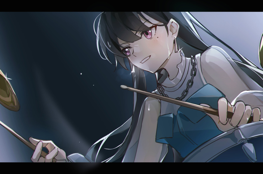 1girl bang_dream! bang_dream!_it&#039;s_mygo!!!!! black_hair blue_shirt chain chain_necklace chinese_commentary commentary_request cymbals drum drum_set drumsticks earrings frilled_shirt_collar frills glint highres holding holding_drumsticks instrument jewelry layered_shirt letterboxed long_hair long_sleeves looking_ahead mole mole_under_eye monnku necklace puffy_long_sleeves puffy_sleeves purple_eyes see-through_clothes see-through_sleeves shiina_taki shirt smile solo strapless strapless_shirt sweat swept_bangs upper_body white_shirt